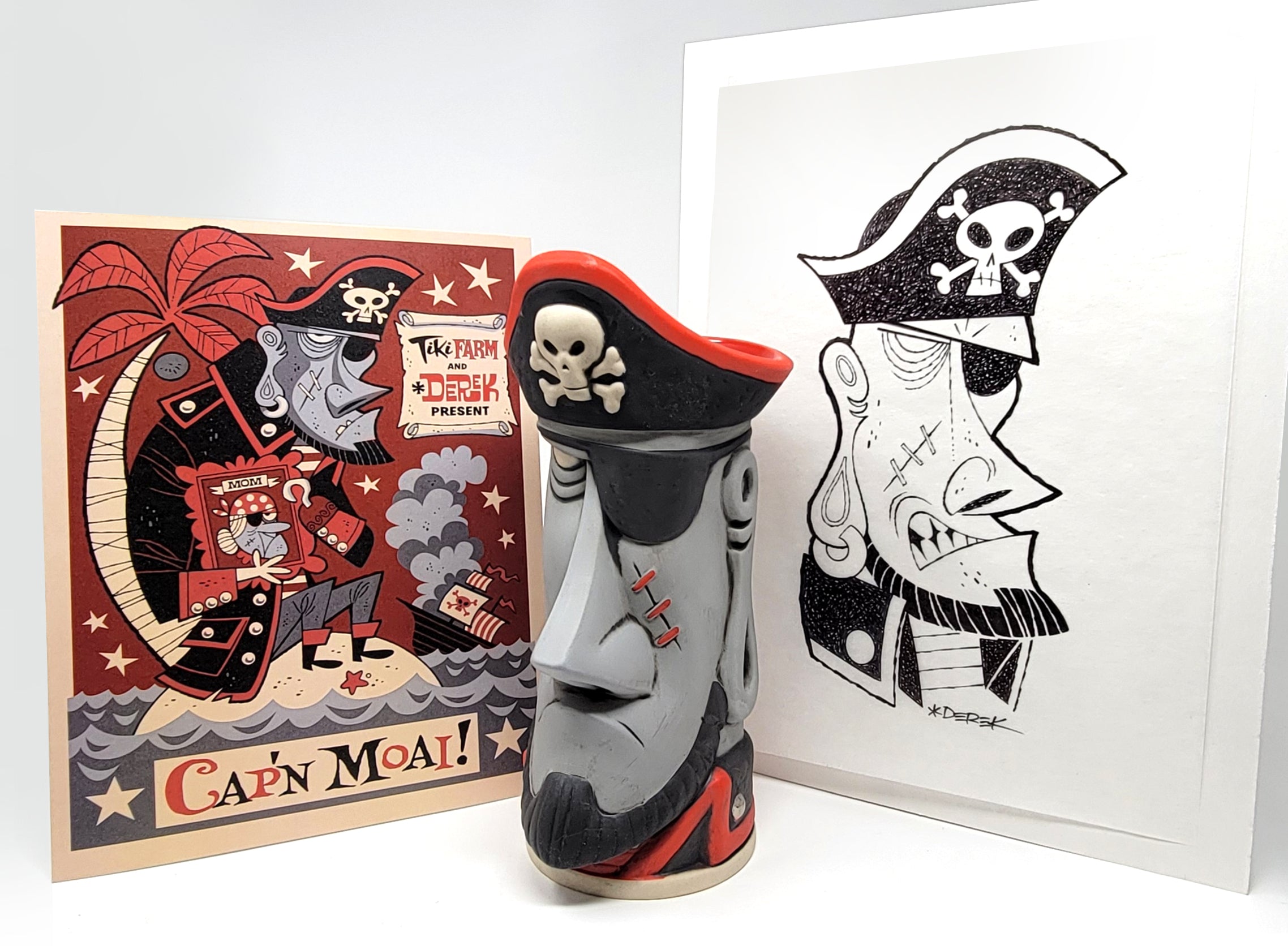 Cap'n Moai Tiki Mug with Mini-Print and Original Sketch – DerekArt