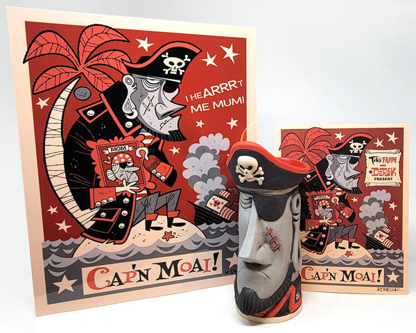 Cap'n Moai Tiki Mug and Metal Print Set